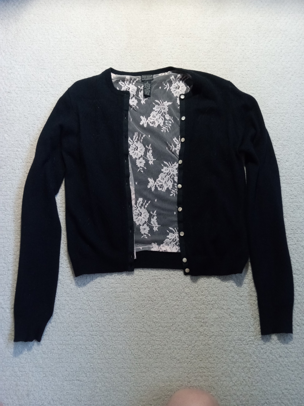 Lucky Brand Black Crewneck Button Cardigan with Floral Lining